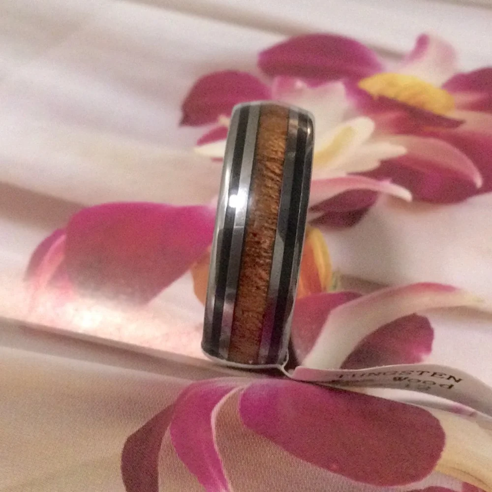 Big Sale,Koa Wood and Abolani inlaid with Tungsten’s ring.8MM Size 12”